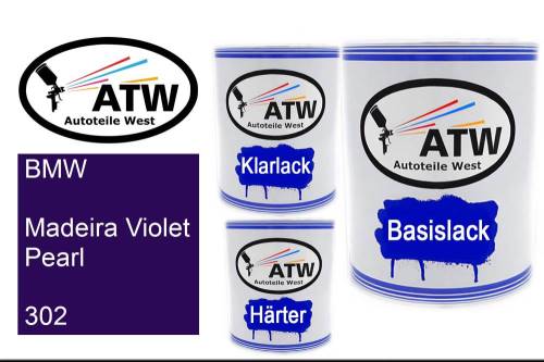 BMW, Madeira Violet Pearl, 302: 1L Lackdose + 1L Klarlack + 500ml Härter - Set, von ATW Autoteile West.